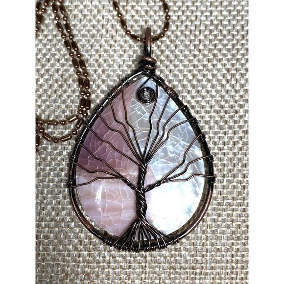 Necklace Mother of Pearl Tree of Life Wire Work Cooper Rose Gold Tone Chain 23” - Picture 9 of 13